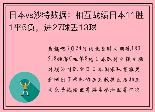 日本vs沙特数据：相互战绩日本11胜1平5负，进27球丢13球