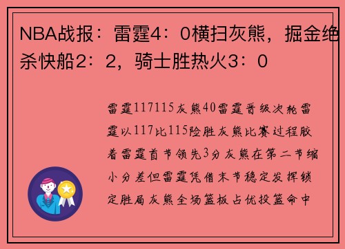 NBA战报：雷霆4：0横扫灰熊，掘金绝杀快船2：2，骑士胜热火3：0